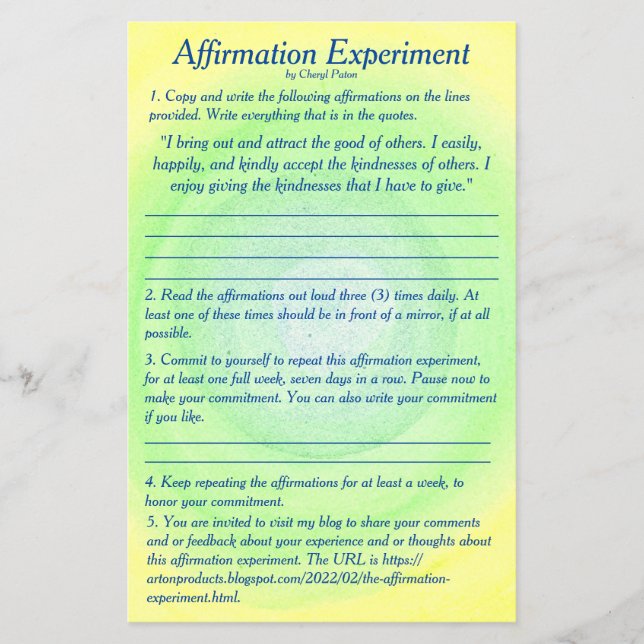 Affirmationsexperiment von Cheryl Paton Flyer (Vorne)
