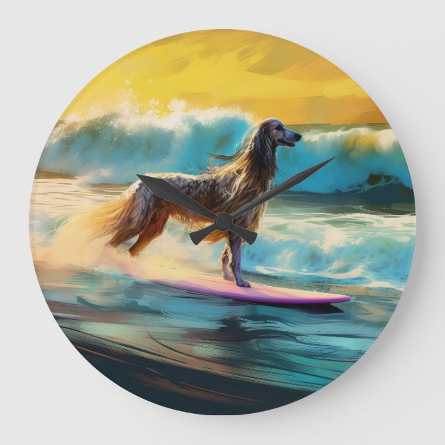 Afghan Hound Beach Surfmalerei Große Wanduhr (Vorderseite)
