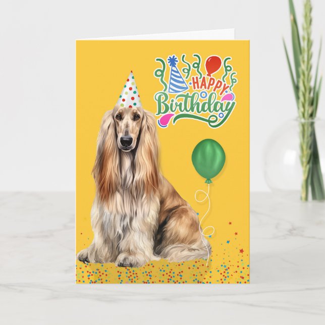 Afghan Hound Dog in a Party Hat on Yellow Birthday Karte (Vorderseite)