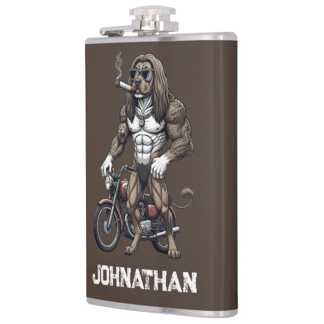 Afghan Hound Dog, muscular, tattooed, bodybuilder  Flachmann (Links)