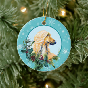 Afghan Hound Evergreen Blue Snowflake Border Keramik Ornament