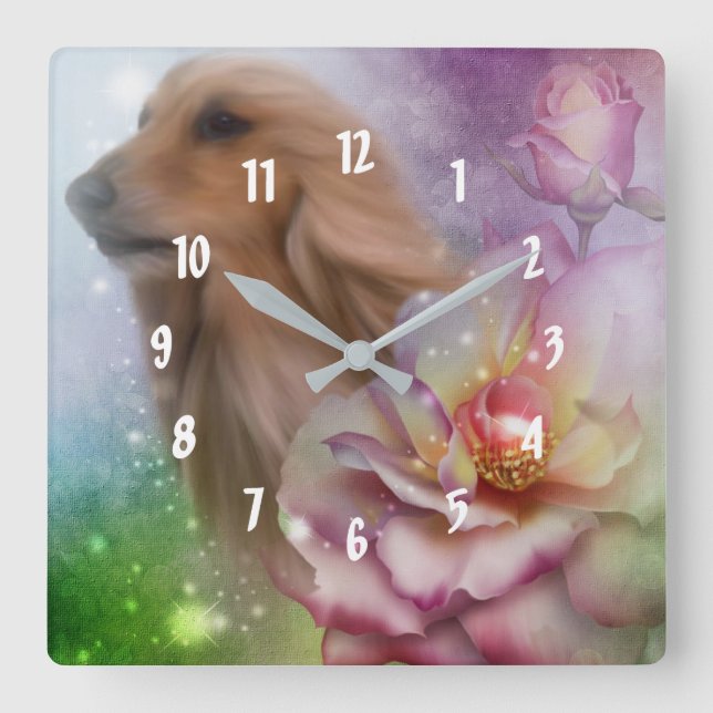 Afghan Hound Fantasy Blume Dog Art Quadratische Wanduhr (Vorderseite)
