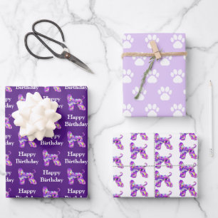 Afghan Hound Hund Silhouette Lila Happy Birthday Geschenkpapier Set