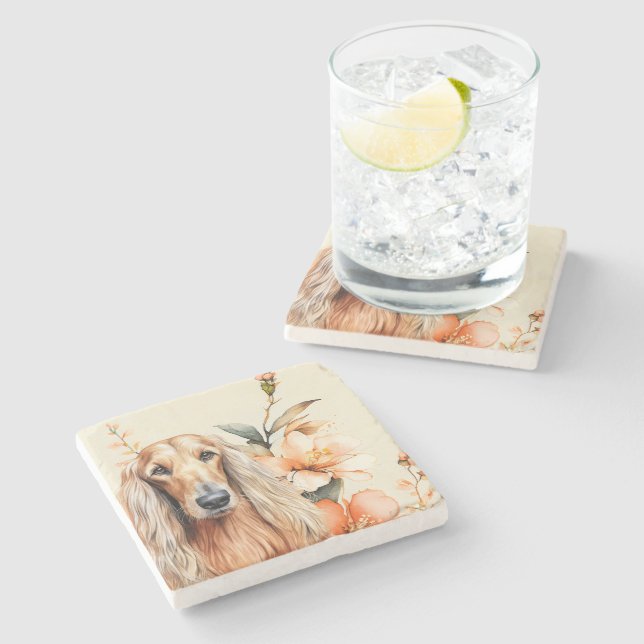 Afghan Hound Hund und Pfirsichlilien Steinuntersetzer (Seitenansicht)