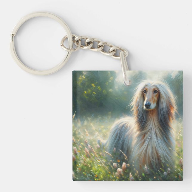 Afghan Hound In Floral Meadow Art Schlüsselanhänger (Vorderseite)