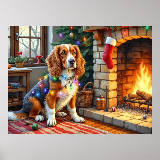 Afghan Hound Kamin mit Weihnachtslichtern Poster (Vorne)