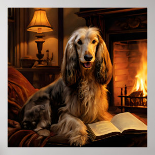 Afghan Hound Lesen eines Buches Vintag Poster