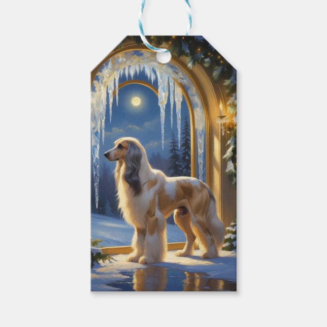 Afghan Hound mit Weihnachtslichtern Feiertag Geschenkanhänger (Vorderseite)
