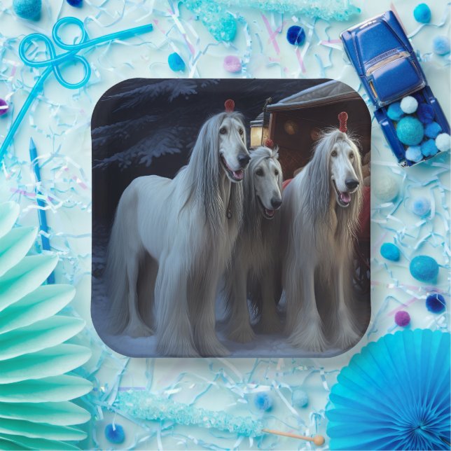 Afghan Hound Snowy Sleigh Ride Weihnachtsdekor Pappteller (Party)