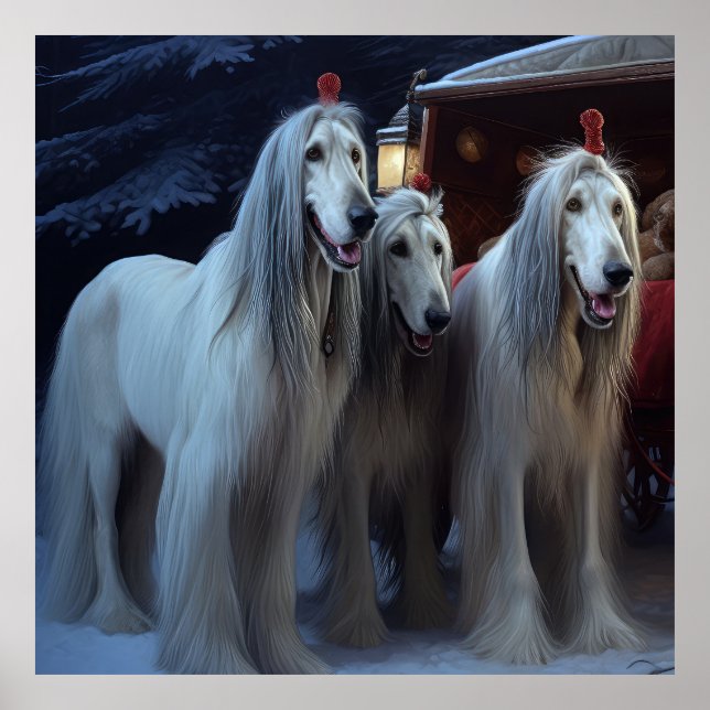 Afghan Hound Snowy Sleigh Ride Weihnachtsdekor Poster (Vorne)