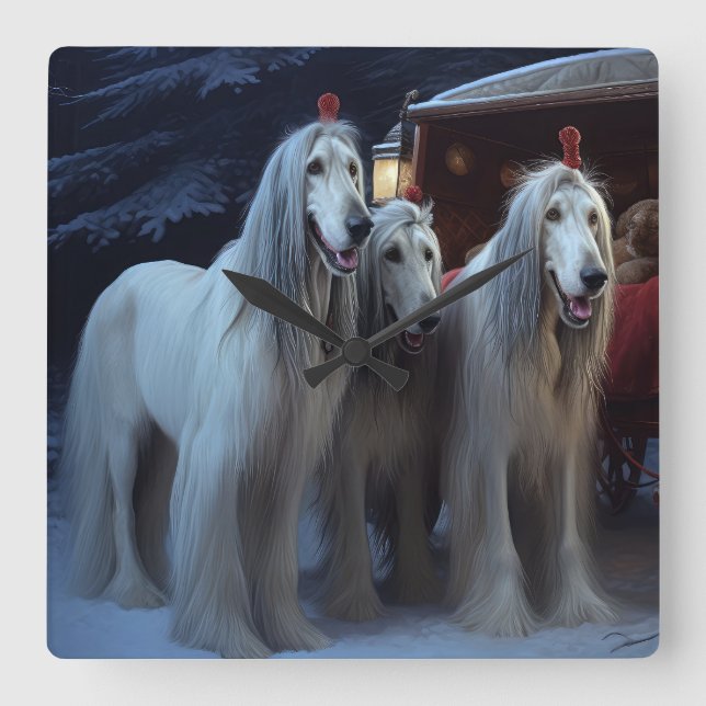 Afghan Hound Snowy Sleigh Ride Weihnachtsdekor Quadratische Wanduhr (Vorderseite)