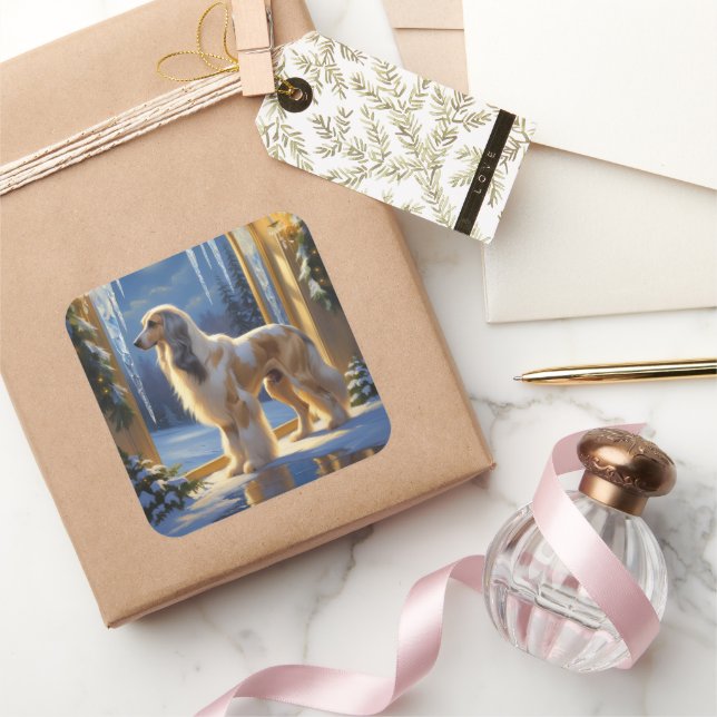 Afghan Hound With Christmas Lights Holiday Quadratischer Aufkleber (Schenken)