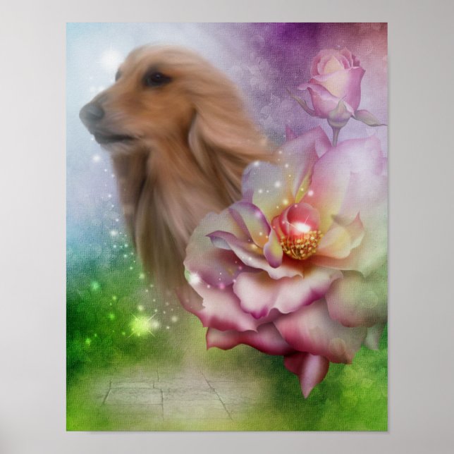 Afghanische Hound Face Fantasy Blume Hunde Kunst Poster (Vorne)