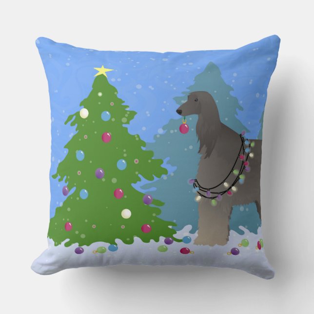 Afghanischer Hund, der Weihnachtsbaumwald schmückt Kissen (Vorderseite)