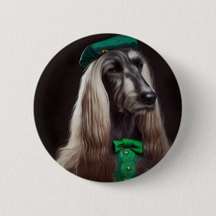 Afghanischer Windhund im St. Patrick's Day Kleid  Button