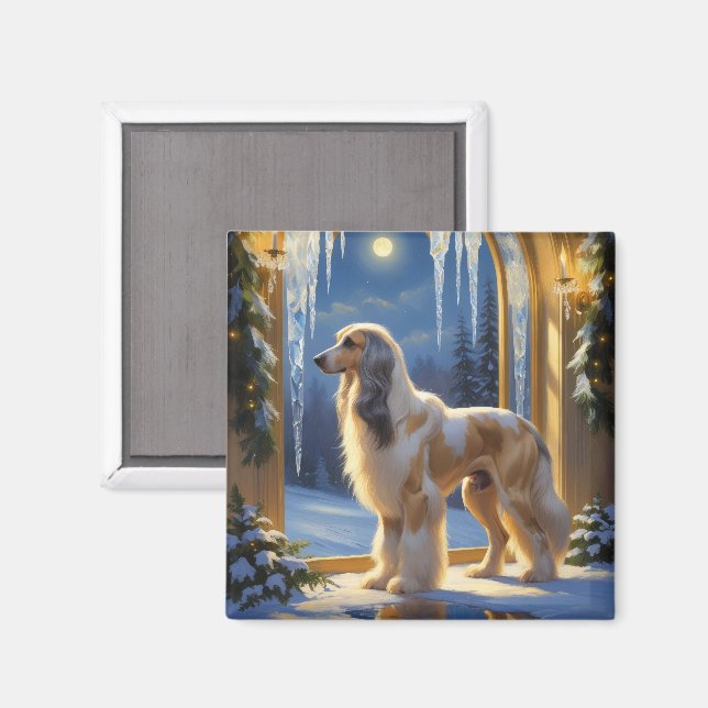 Afghanischer Windhund mit Weihnachtslichtern Feier Magnet (Vorderseite/Rückseite)