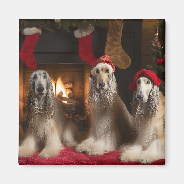 Afghanisches Hound am Feuerplatz Weihnachten Magnet (Vorne)