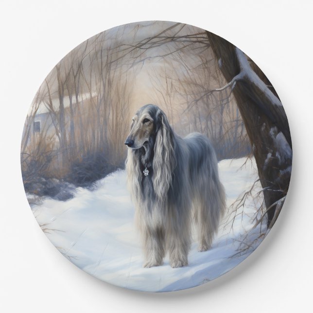 Afghanisches Hound lassen es Weihnachten schnee Pappteller (Vorderseite)
