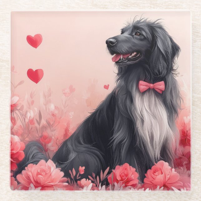 Afghanisches Hund mit Rose - Valentinstag Glasuntersetzer (Vorderseite)