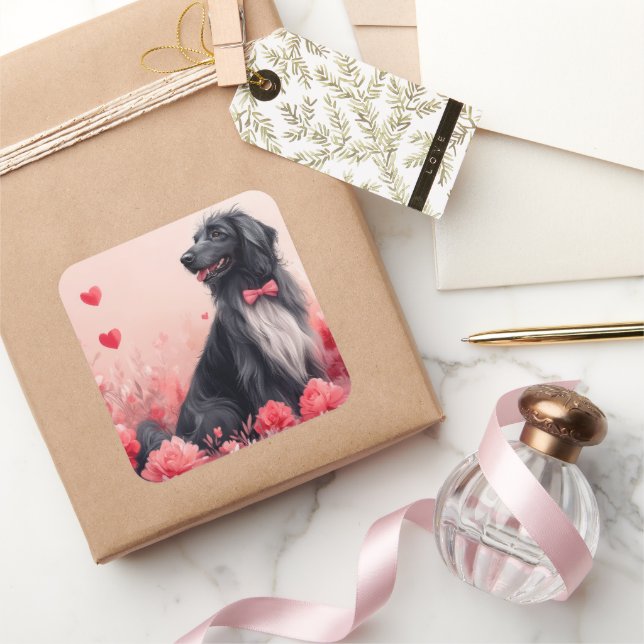 Afghanisches Hund mit Rose - Valentinstag Quadratischer Aufkleber (Schenken)