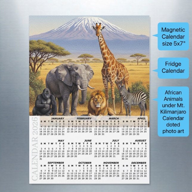 Africa 2026 Fridge Calendar, Animals, Kilimanjaro Magnetkarte (African Animals Fridge Calendar 2026 / Mt Kilimanjaro)