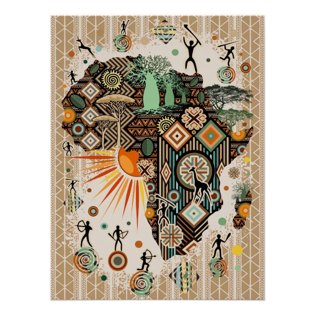 Africa Map Decorative Tribal Elements Pattern Poster (Vorderseite)