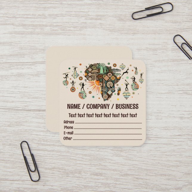 Africa Map Decorative Tribal Elements Pattern Quadratische Visitenkarte (Vorderseite/Rückseite Beispiel)