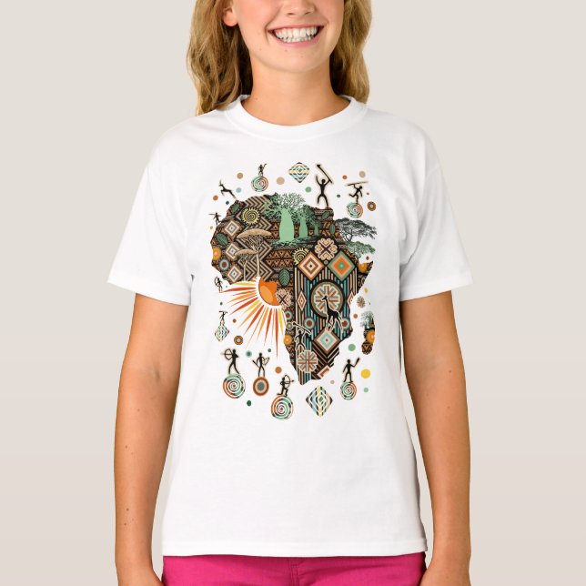 Africa Map Decorative Tribal Elements Pattern T-Shirt (Vorderseite)