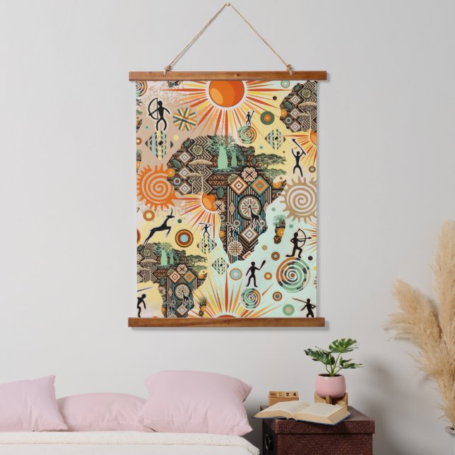 Africa Map Decorative Tribal Elements Pattern Wandteppich Mit Holzrahmen (Schlafzimmer)