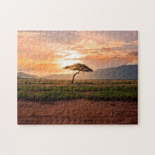 Africa Safari Savannah Wüste Field Tree Sunset Puzzle (Horizontal)
