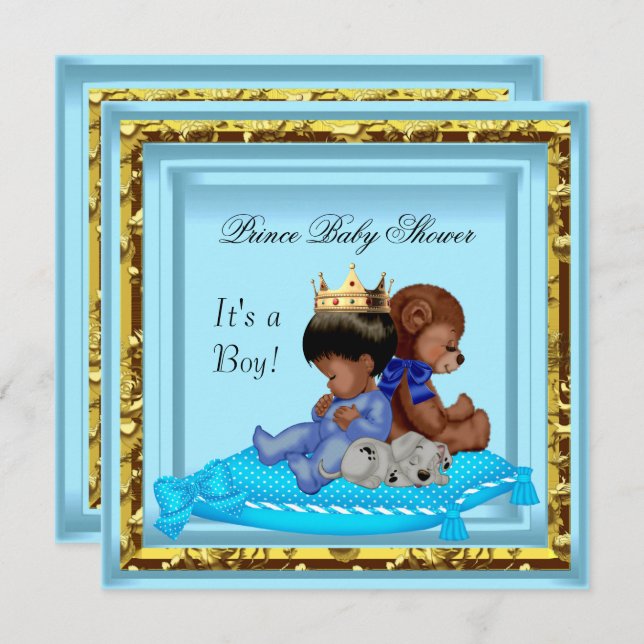 African American Baby Shower Blue Gold Boy Prince Einladung (Vorne/Hinten)