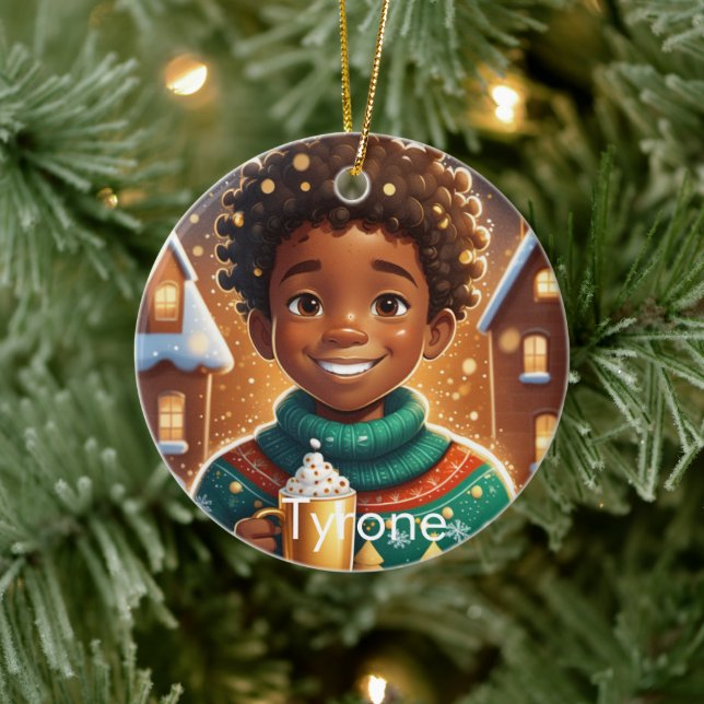 African AMerican Boy Christmas Joyful Keramik Ornament (Baum)