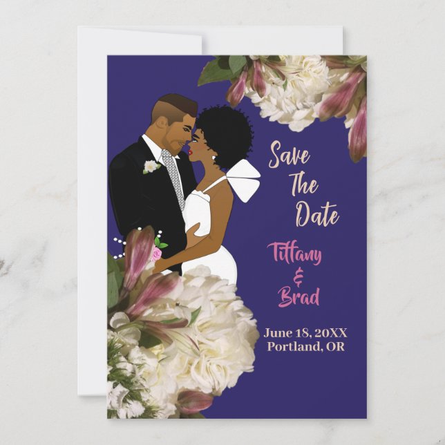 African American Couple Royal Blue Wedding Save The Date (Vorderseite)