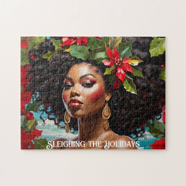 African American Diva Christmas Holly Illustration Puzzle (Horizontal)