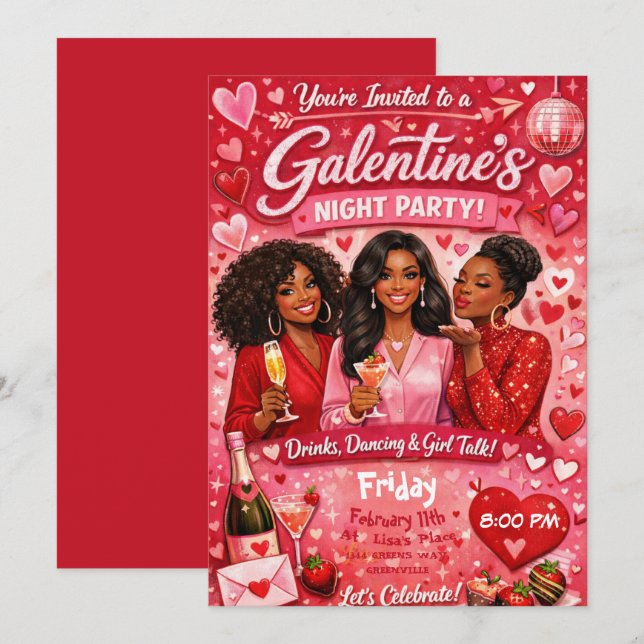 African American Galentine's Night Friends Party Einladung (Vorne/Hinten)