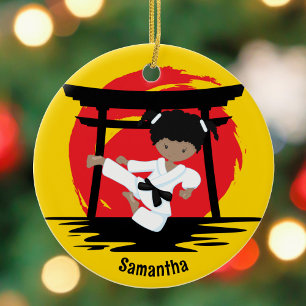 African American Karate Girl Custom Christmas Keramik Ornament