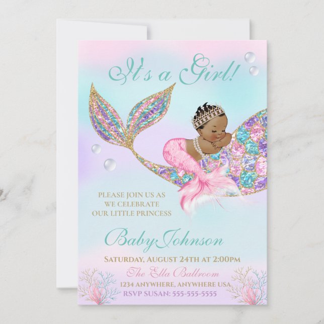 African AMerican Mermaid Baby SHower Glitzer Schwa Einladung (Vorderseite)