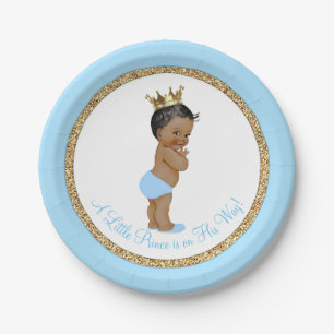African American Prince Baby Blue Gold Baby Dusche Pappteller