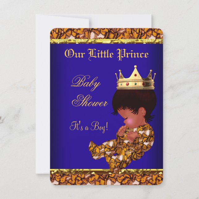 African American Prince Baby Shower Blue Gold Boy Einladung (Vorderseite)