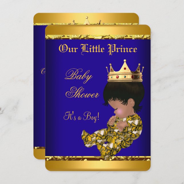 African American Prince Baby Shower Blue Gold Boy Einladung (Vorne/Hinten)
