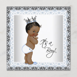 African American Prince Baby Shower Blue und Grau Einladung