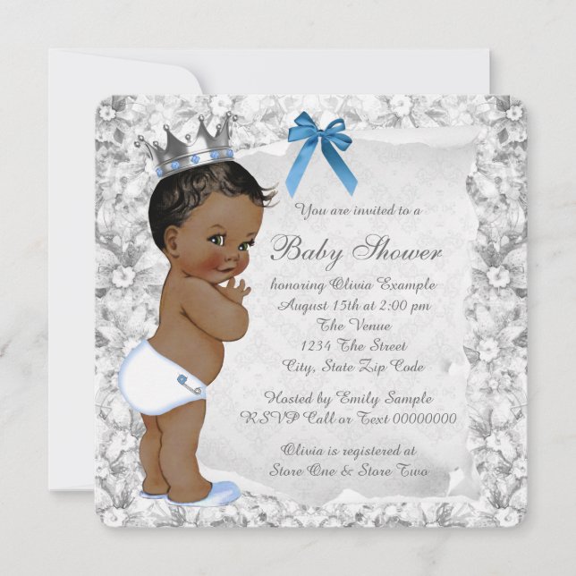 African American Prince Blue and Gray Baby Shower Einladung (Vorderseite)