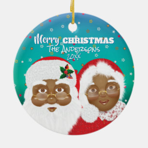 African American Santa and Mrs Claus Christmas Keramik Ornament