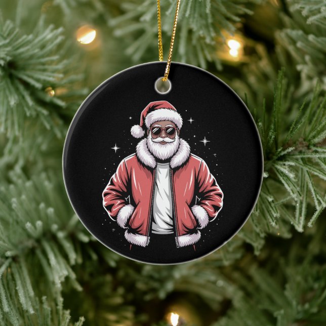 African American Santa Christmas Pajama Cool Black Keramik Ornament (Baum)