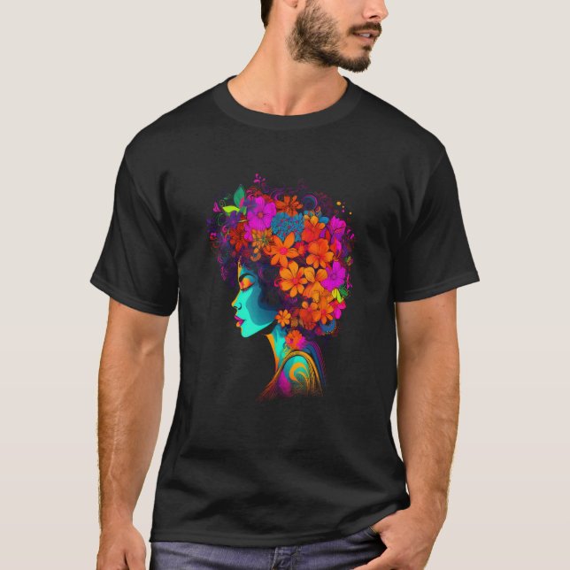 African American Woman Black Girl Flowers Graffiti T-Shirt (Vorderseite)