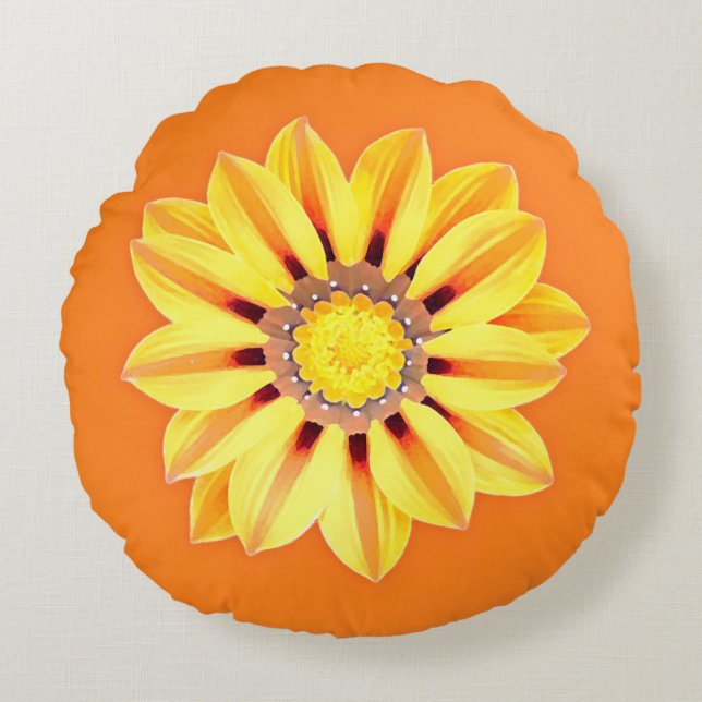 African Daisy / Gazania - Orange und Gelb Rundes Kissen (Vorderseite)