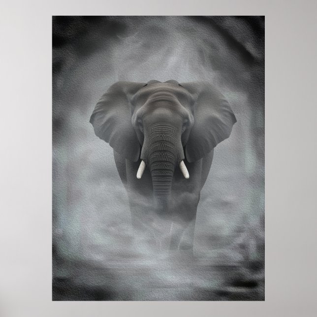 African Elephant in Misty Fog Serene Impasto Poster (Vorne)