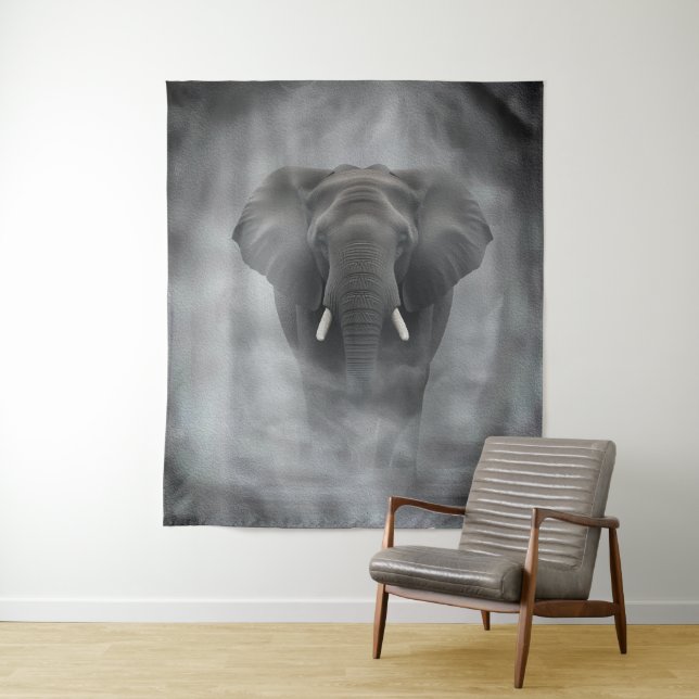 African Elephant in Misty Fog Serene Impasto Wandteppich (Beispiel)
