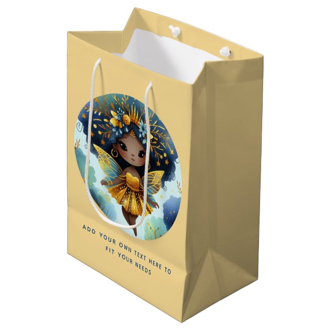 African Fairy Birthday Aquamarin Gold Pink Princes Mittlere Geschenktüte (Vorderseite Schrägansicht)