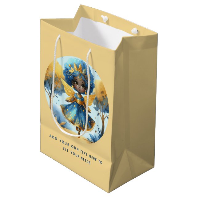 African Fairy Birthday Aquamarin Gold Pink Princes Mittlere Geschenktüte (Vorderseite Schrägansicht)